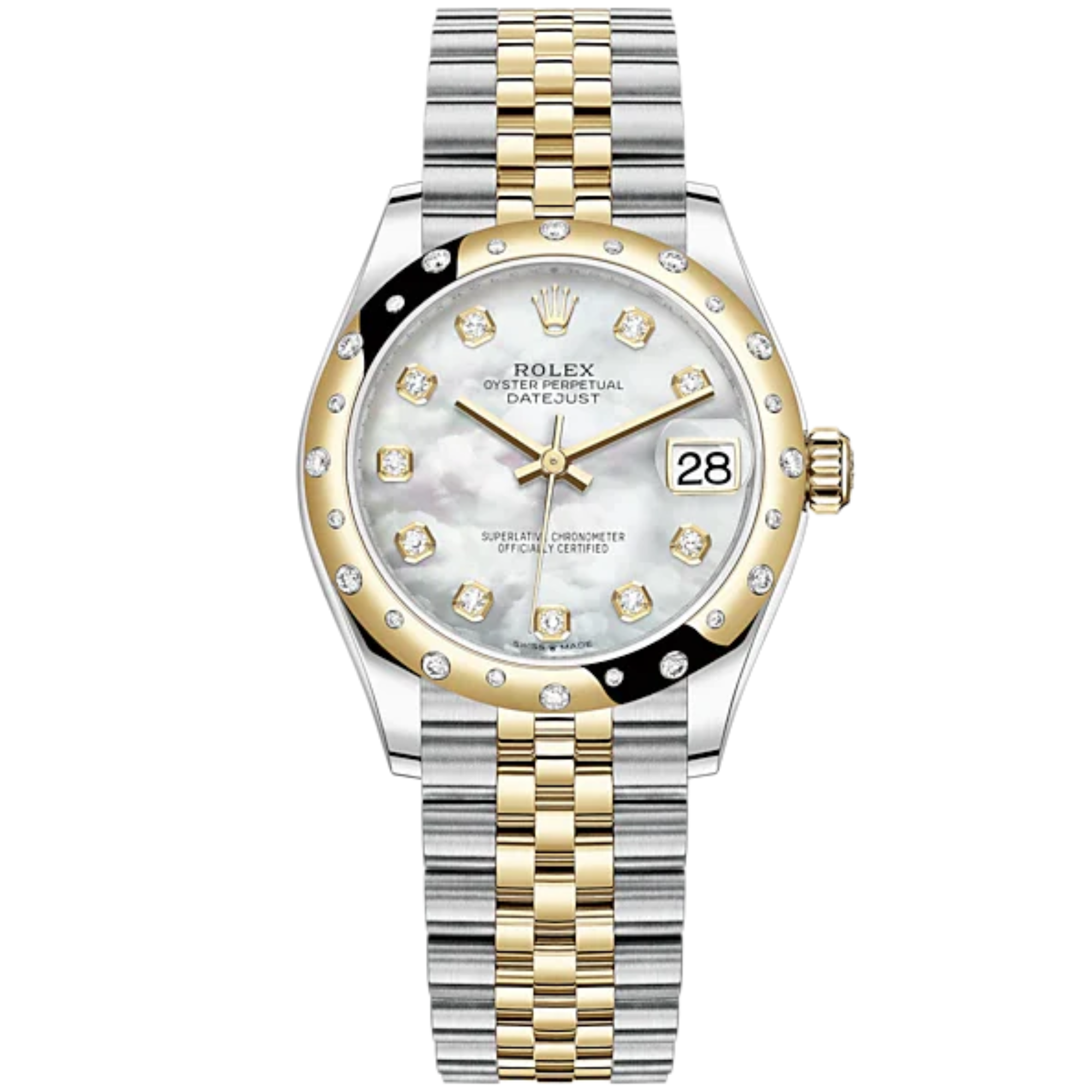 Datejust 31 31mm Jubilee Bracelet Oystersteel and Yellow Gold with White Mother-Of-Pearl Diamond-Set Dial Diamond-Set Bezel - Rolex