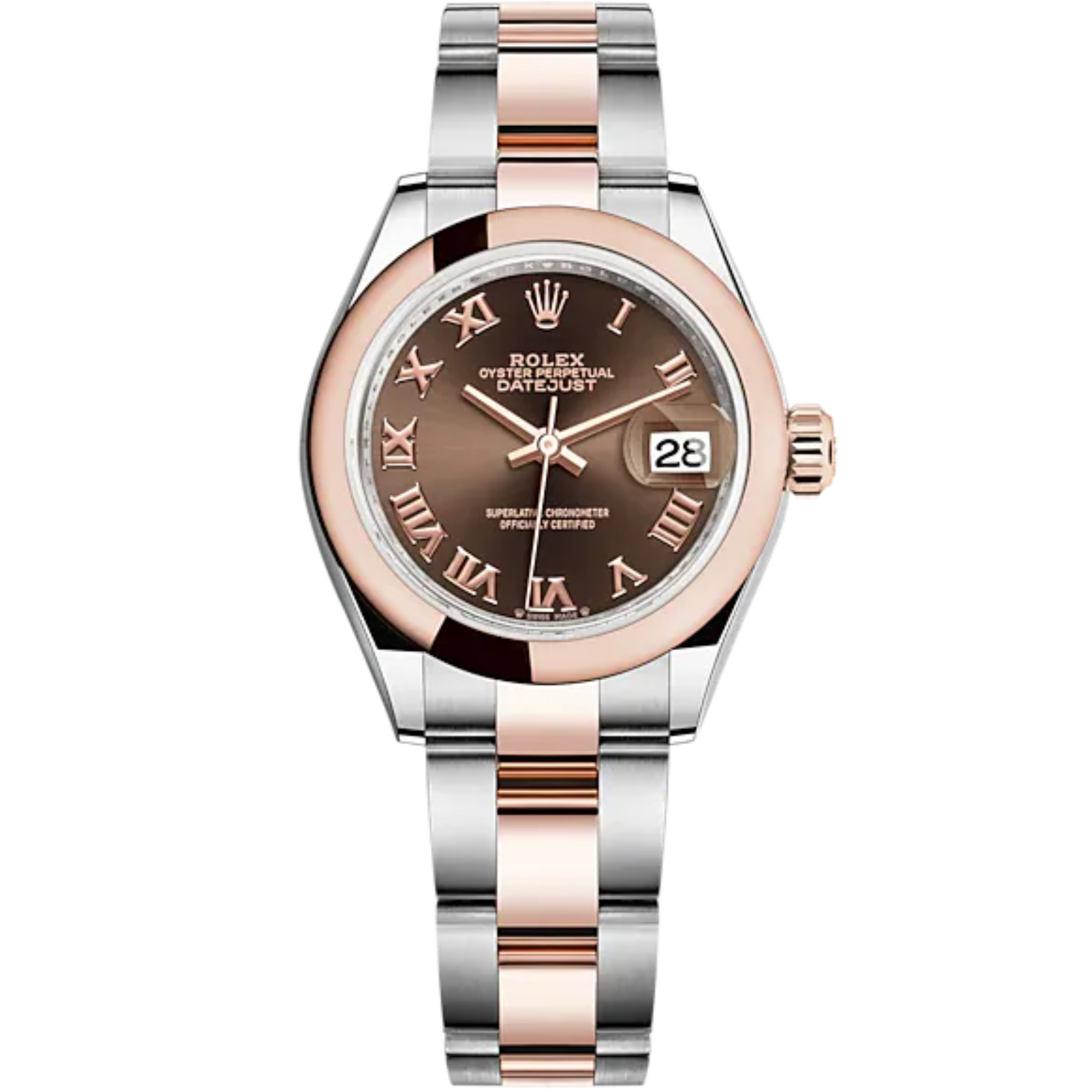 Lady-DateJust 28mm Oyster Oystersteel Bracelet and Everose Gold with Chocolate Dial Domed Bezel - Rolex