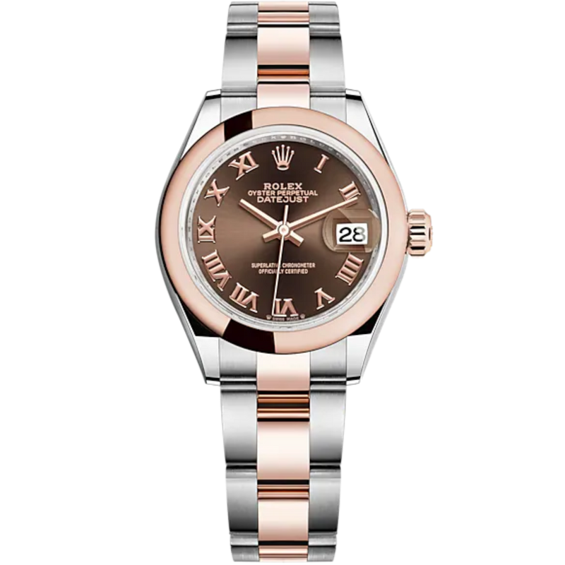Lady-DateJust 28mm Oyster Oystersteel Bracelet and Everose Gold with Chocolate Dial Domed Bezel - Rolex