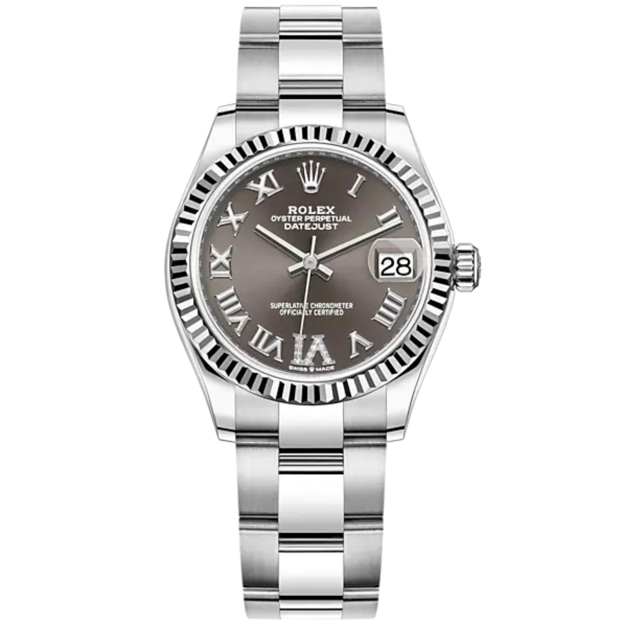 Datejust 31 31mm Oyster Bracelet Oystersteel and White Gold Dark Grey Diamond Dial Fluted Bezel - Rolex