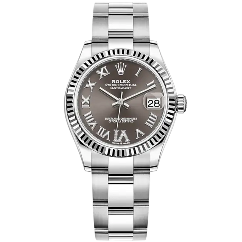 Datejust 31 31mm Oyster Bracelet Oystersteel and White Gold Dark Grey Diamond Dial Fluted Bezel - Rolex