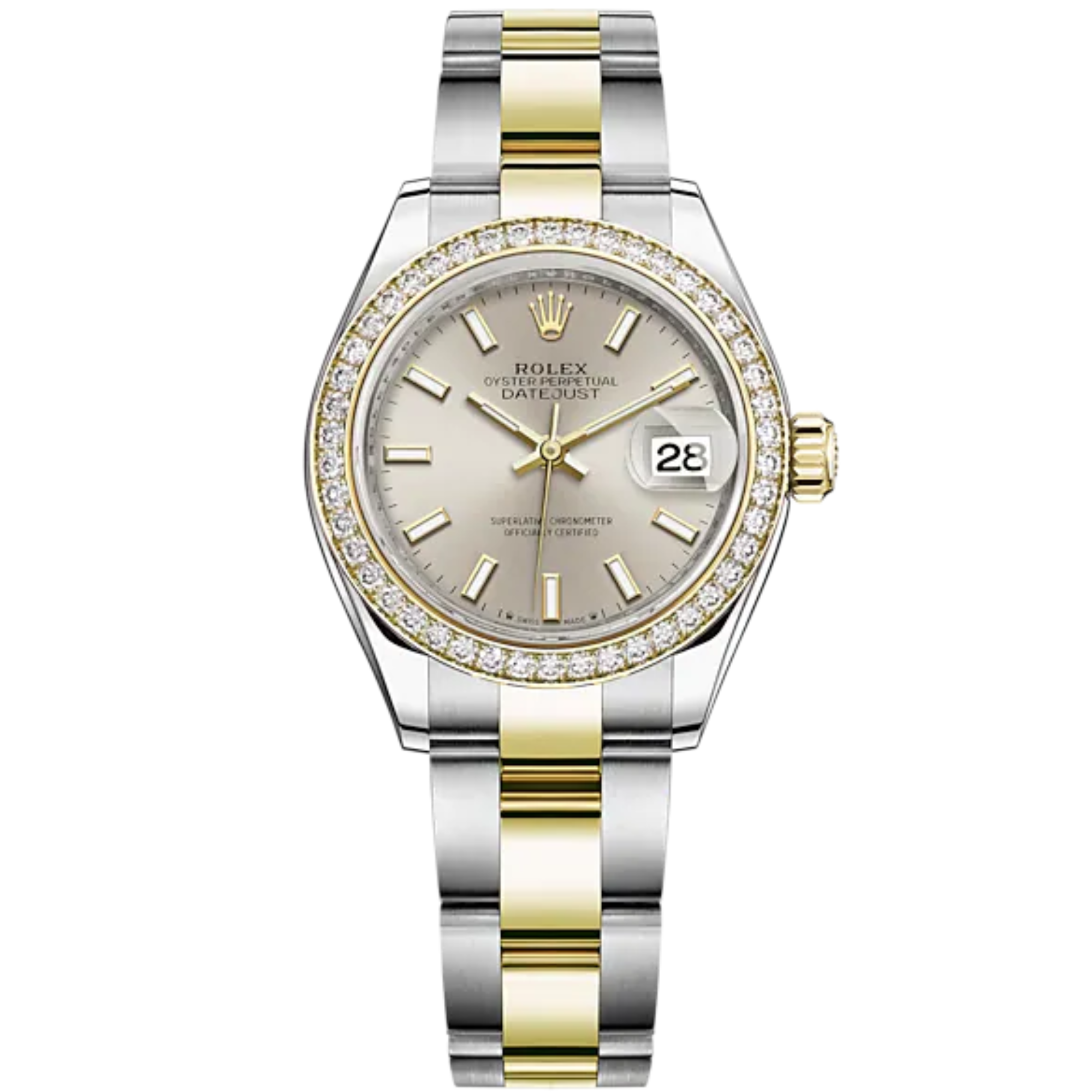 Lady-DateJust 28mm Oyster Oystersteel Bracelet and Yellow Gold with Silver Dial Diamond-Set Bezel - Rolex