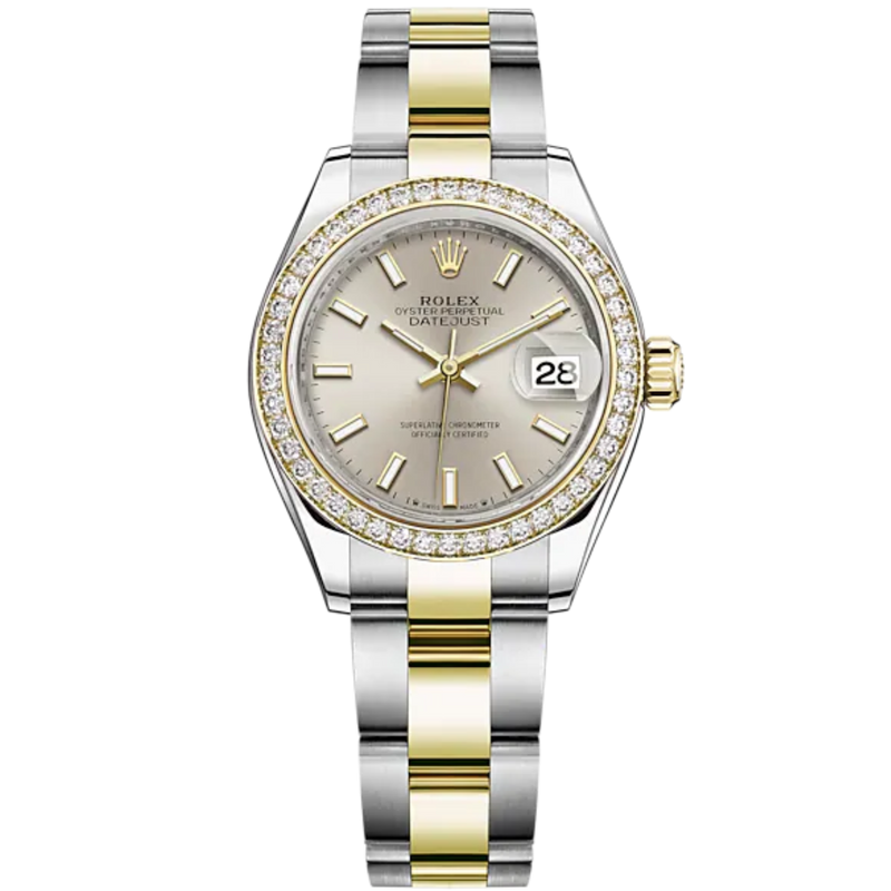 Lady-DateJust 28mm Oyster Oystersteel Bracelet and Yellow Gold with Silver Dial Diamond-Set Bezel - Rolex