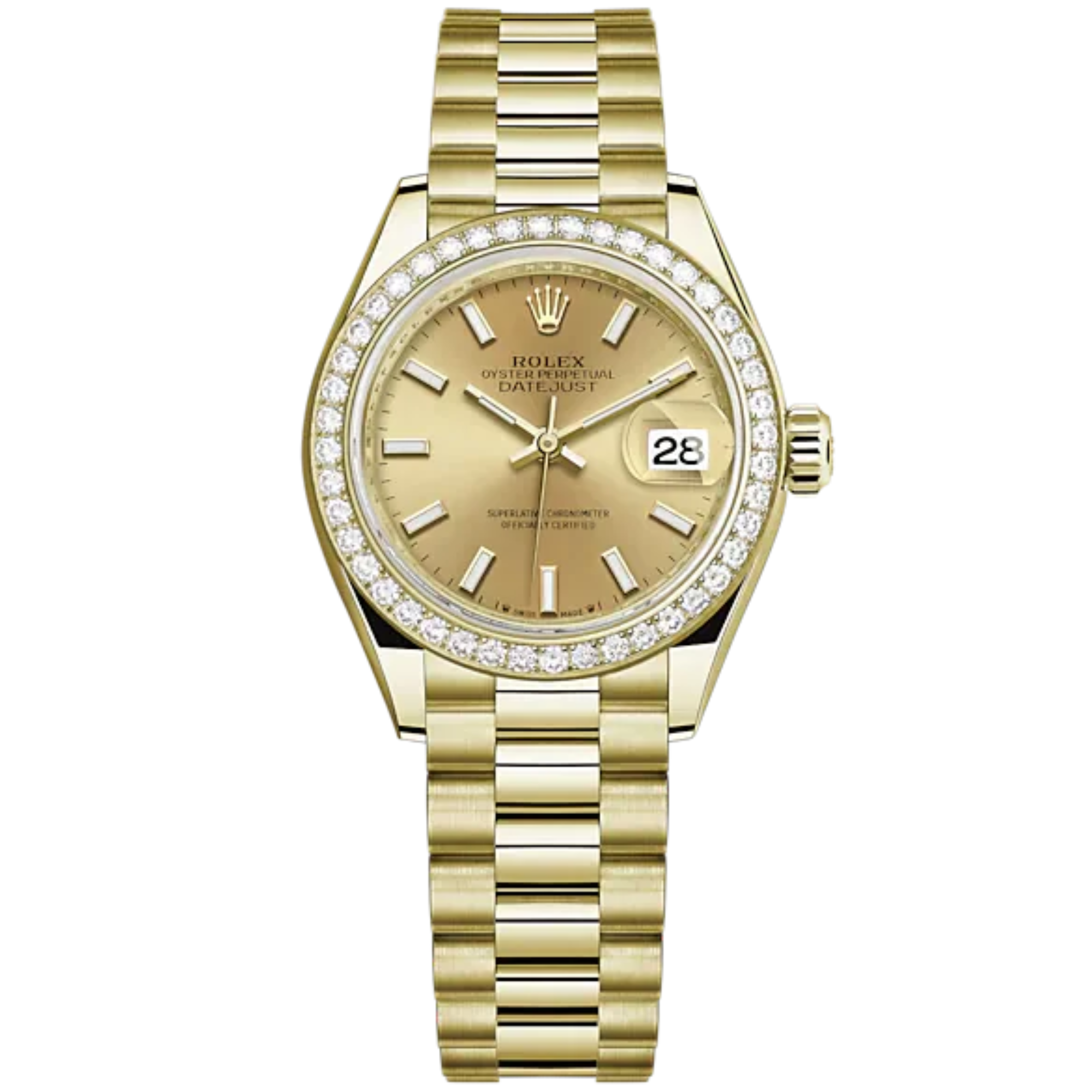 Lady-DateJust 28mm President Bracelet and 18 KT Yellow Gold with Champagne-Colour Dial Diamond-Set Bezel - Rolex