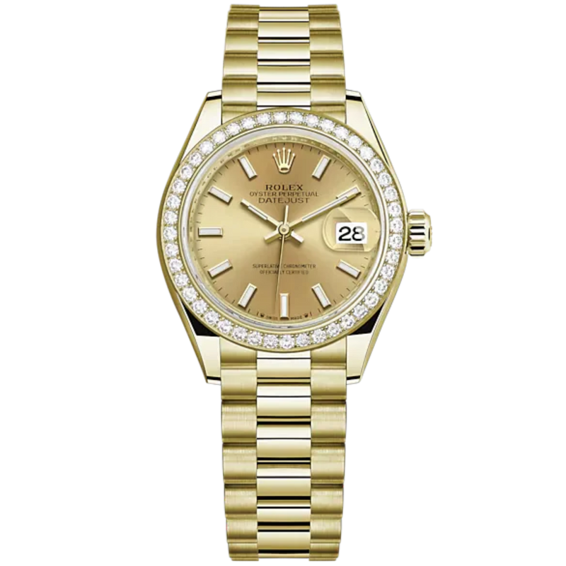 Lady-DateJust 28mm President Bracelet and 18 KT Yellow Gold with Champagne-Colour Dial Diamond-Set Bezel - Rolex