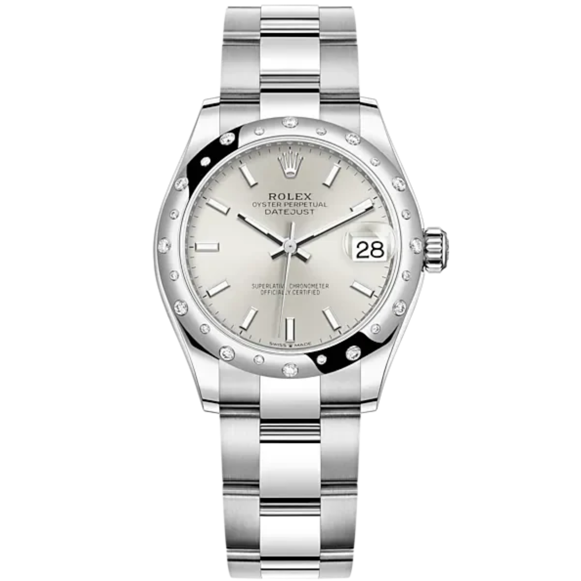 Datejust 31 31mm Oyster Bracelet Oystersteel and White Gold with Silver Dial Diamond-Set Bezel - Rolex