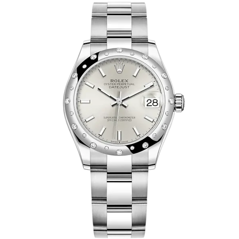 Datejust 31 31mm Oyster Bracelet Oystersteel and White Gold with Silver Dial Diamond-Set Bezel - Rolex