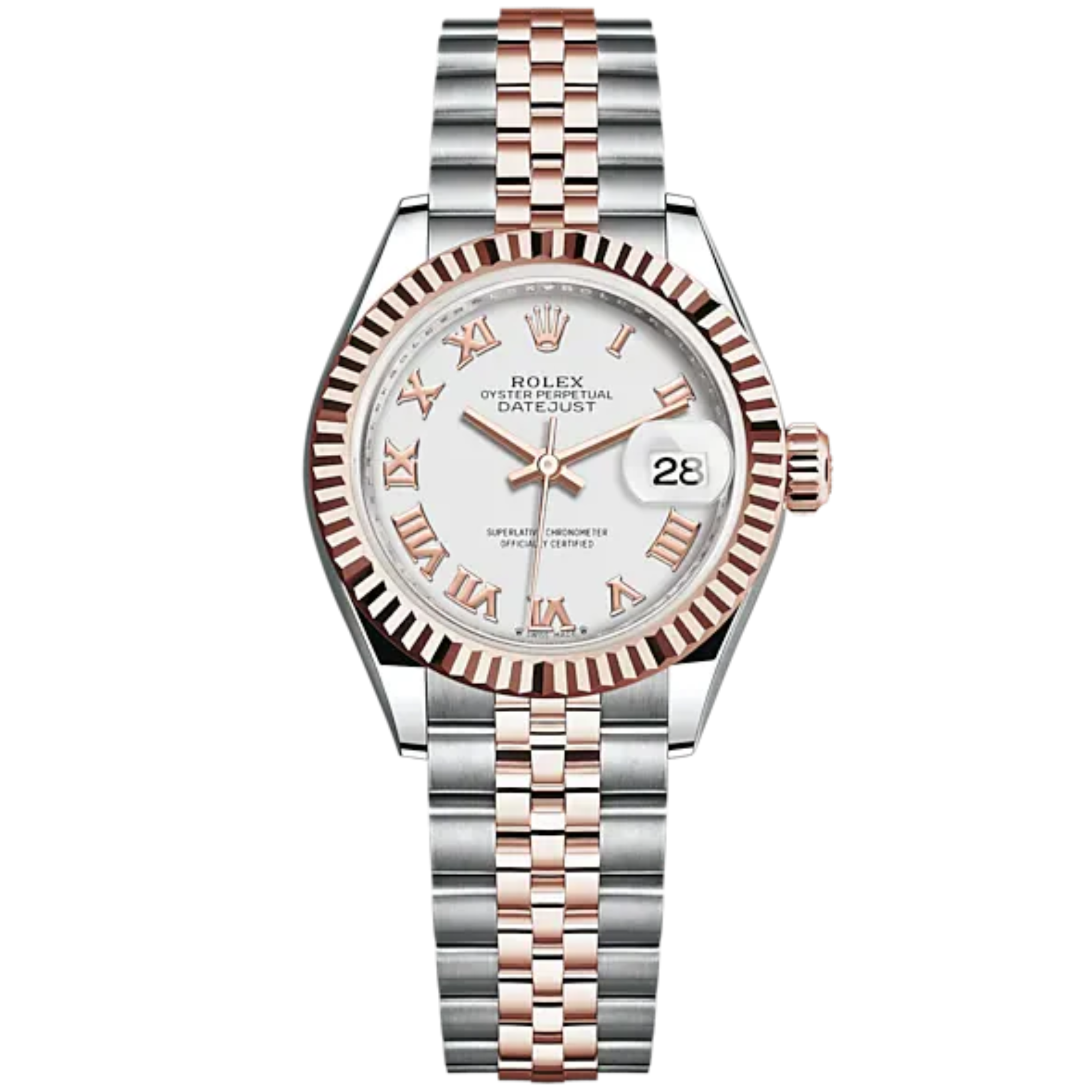 Lady-DateJust 28mm Oystersteel Jubilee Bracelet and Everose Gold with White Dial Fluted Bezel - Rolex
