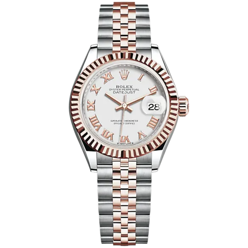 Lady-DateJust 28mm Oystersteel Jubilee Bracelet and Everose Gold with White Dial Fluted Bezel - Rolex