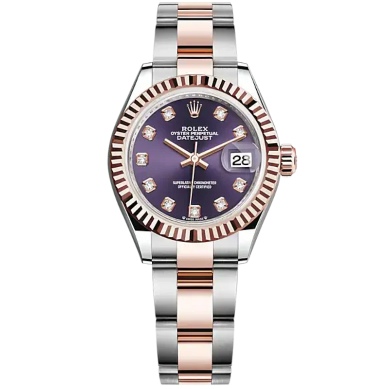 Lady-DateJust 28mm Oyster Oystersteel Bracelet and Everose Gold with Aubergine Dial Dial Diamond-Set Dial Fluted Bezel - Rolex
