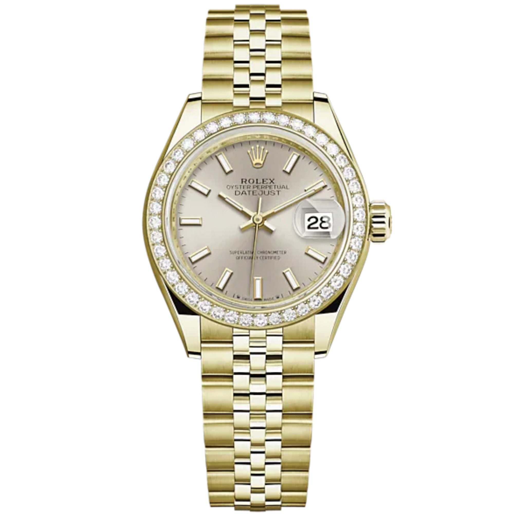 Lady-DateJust 28mm Jubilee Bracelet and 18 KT Yellow Gold with Silver Dial Diamond-Set Bezel - Rolex