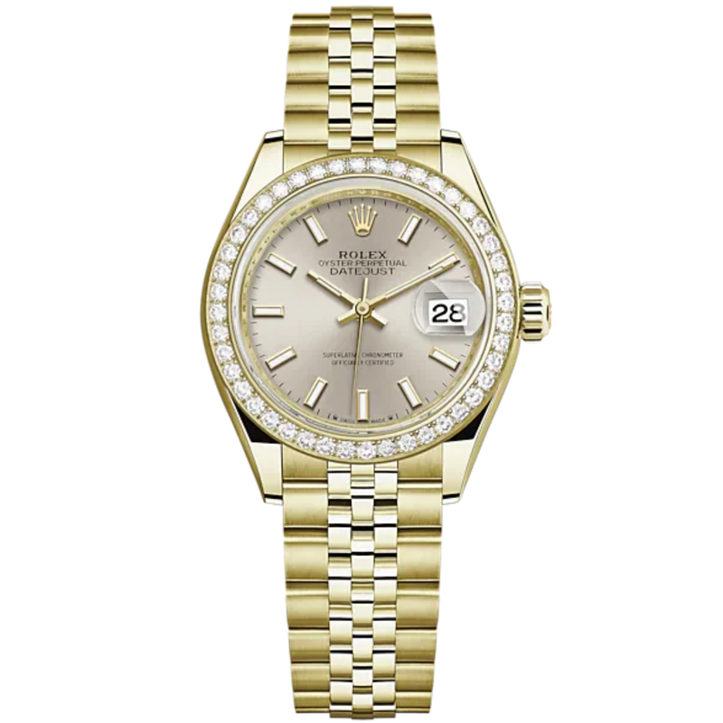 Lady-DateJust 28mm Jubilee Bracelet and 18 KT Yellow Gold with Silver Dial Diamond-Set Bezel - Rolex