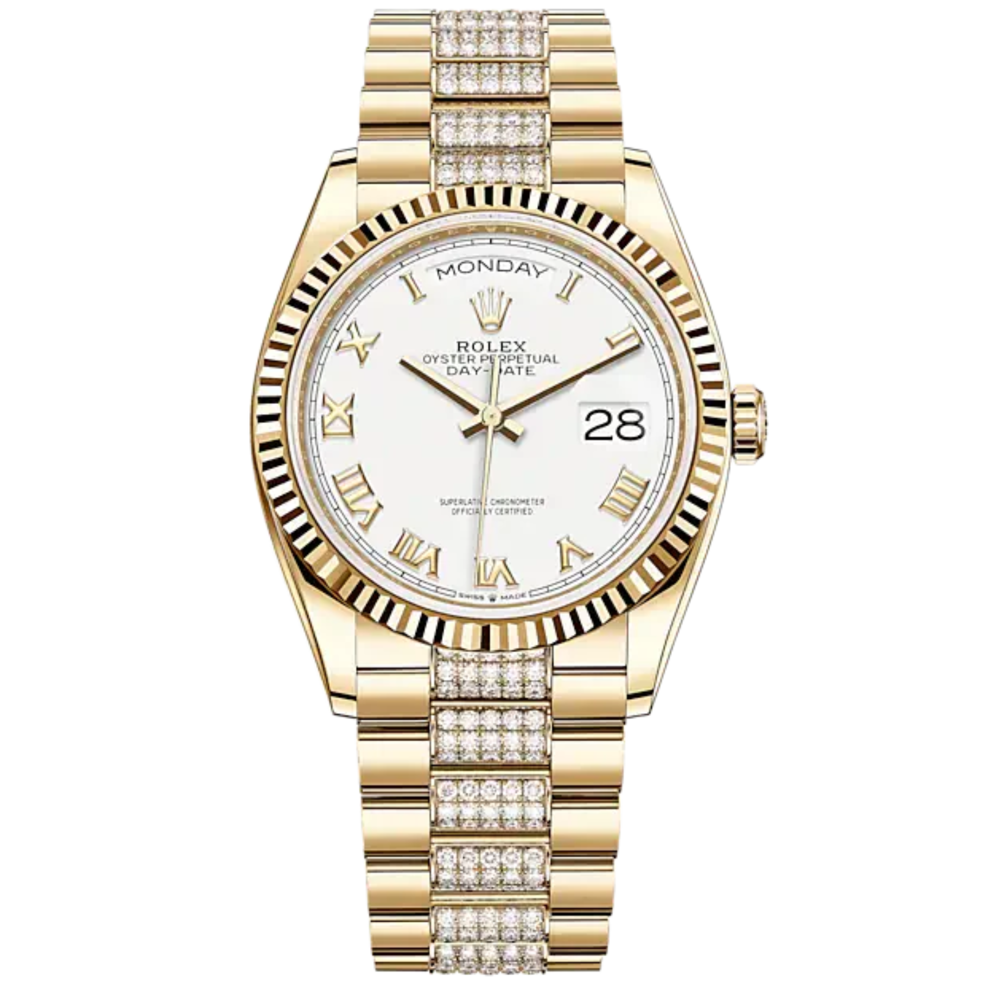 Day-Date 36 36mm President Bracelet and 18 KT Yellow Gold with White Dial Fluted Bezel and Diamond-Set President Bracelet - Rolex