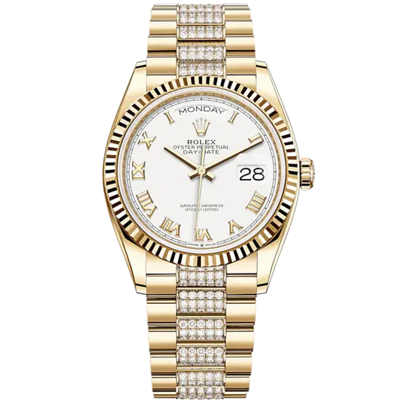 Day-Date 36 36mm President Bracelet and 18 KT Yellow Gold with White Dial Fluted Bezel and Diamond-Set President Bracelet - Rolex