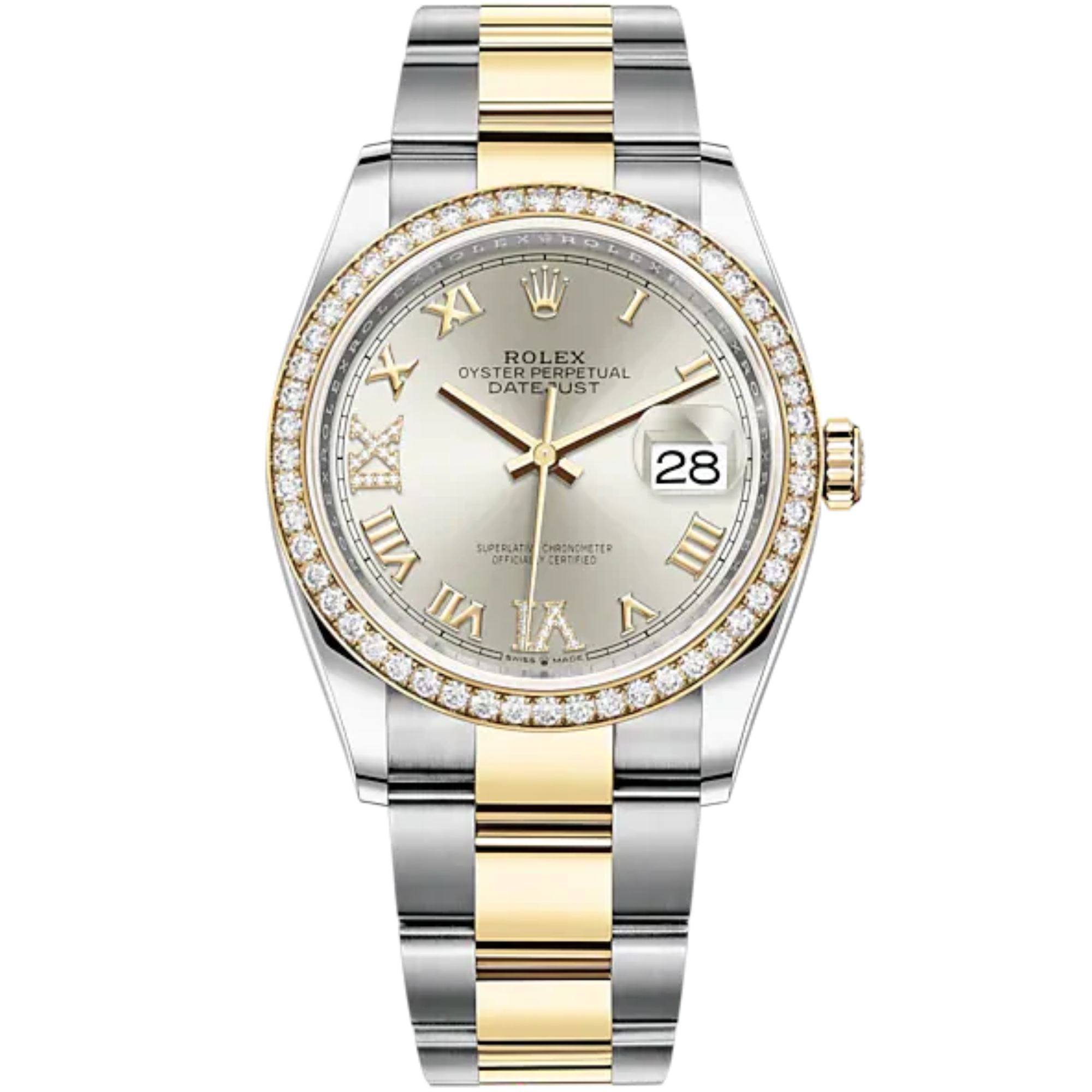 Datejust 36 36mm Oyster Bracelet Oystersteel and Yellow Gold with Silver Dial Diamond-Set Dial Diamond-Set Bezel - Rolex