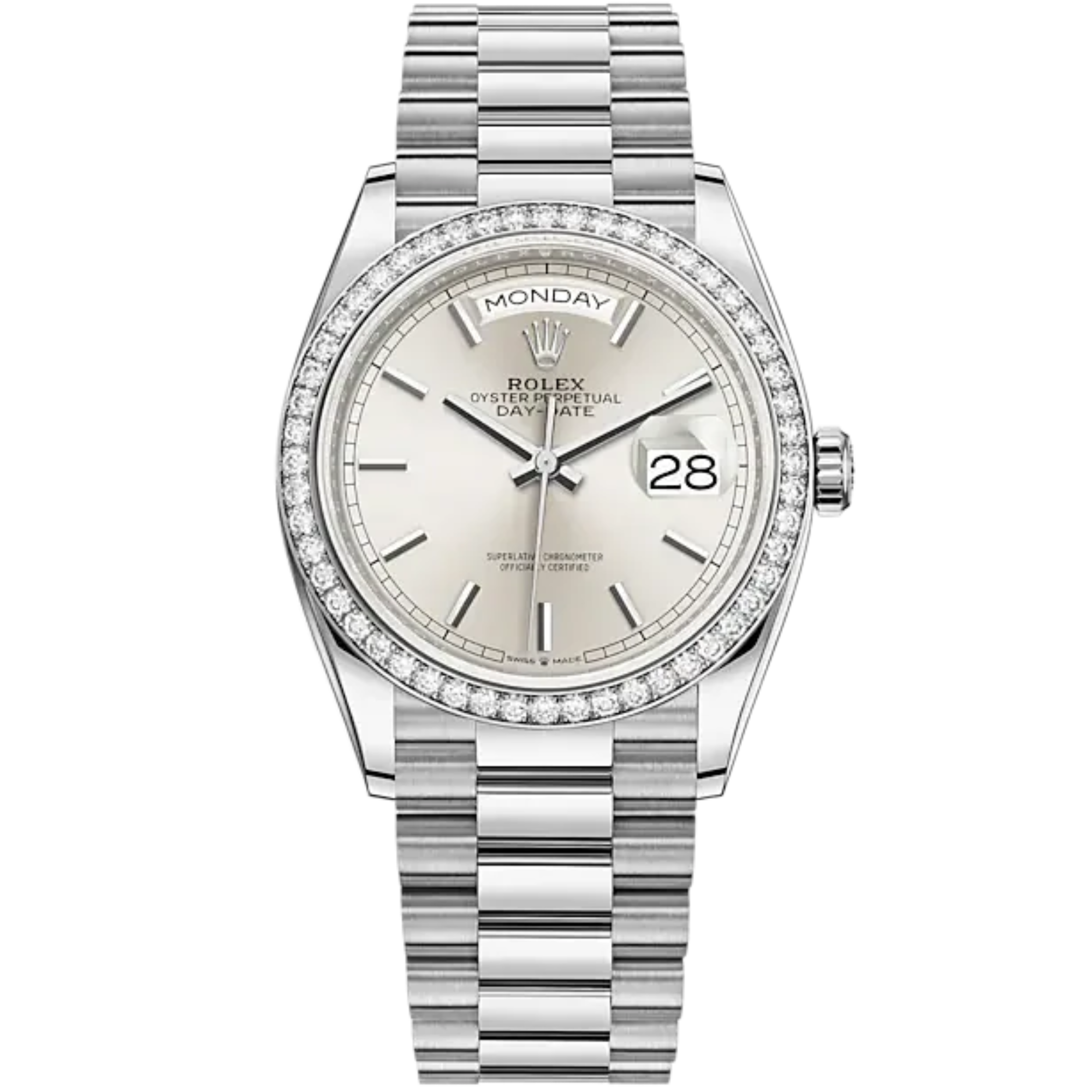 Day-Date 36 36mm President Bracelet and 18 KT White Gold with Silver Dial Diamond-Set Bezel - Rolex
