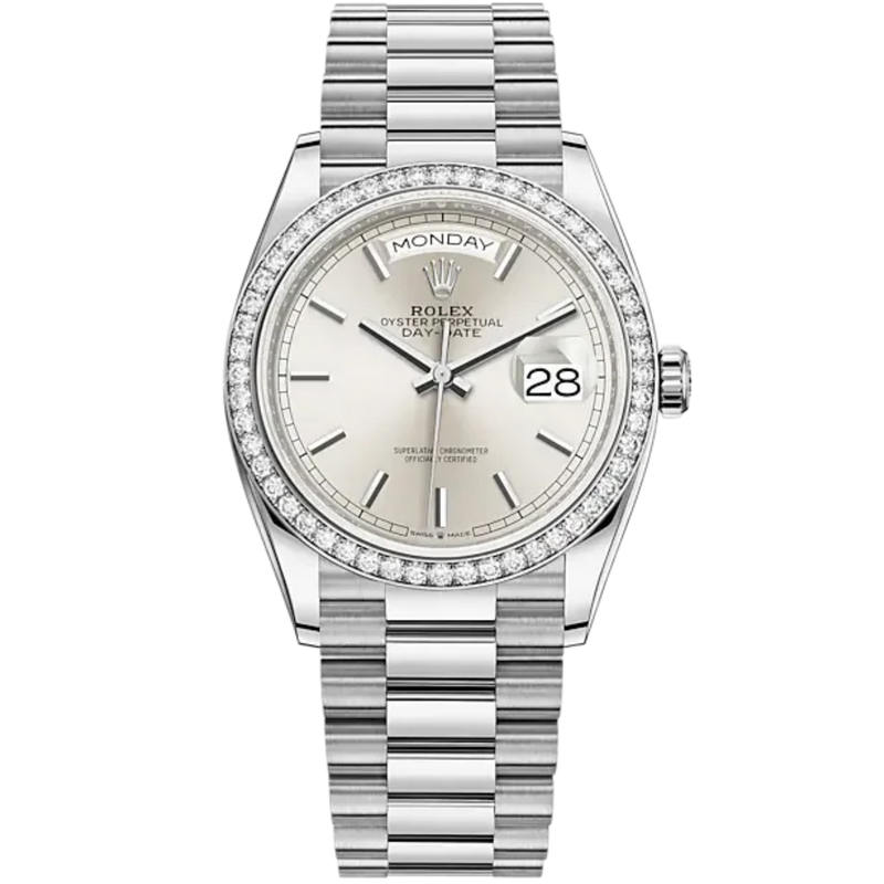 Day-Date 36 36mm President Bracelet and 18 KT White Gold with Silver Dial Diamond-Set Bezel - Rolex