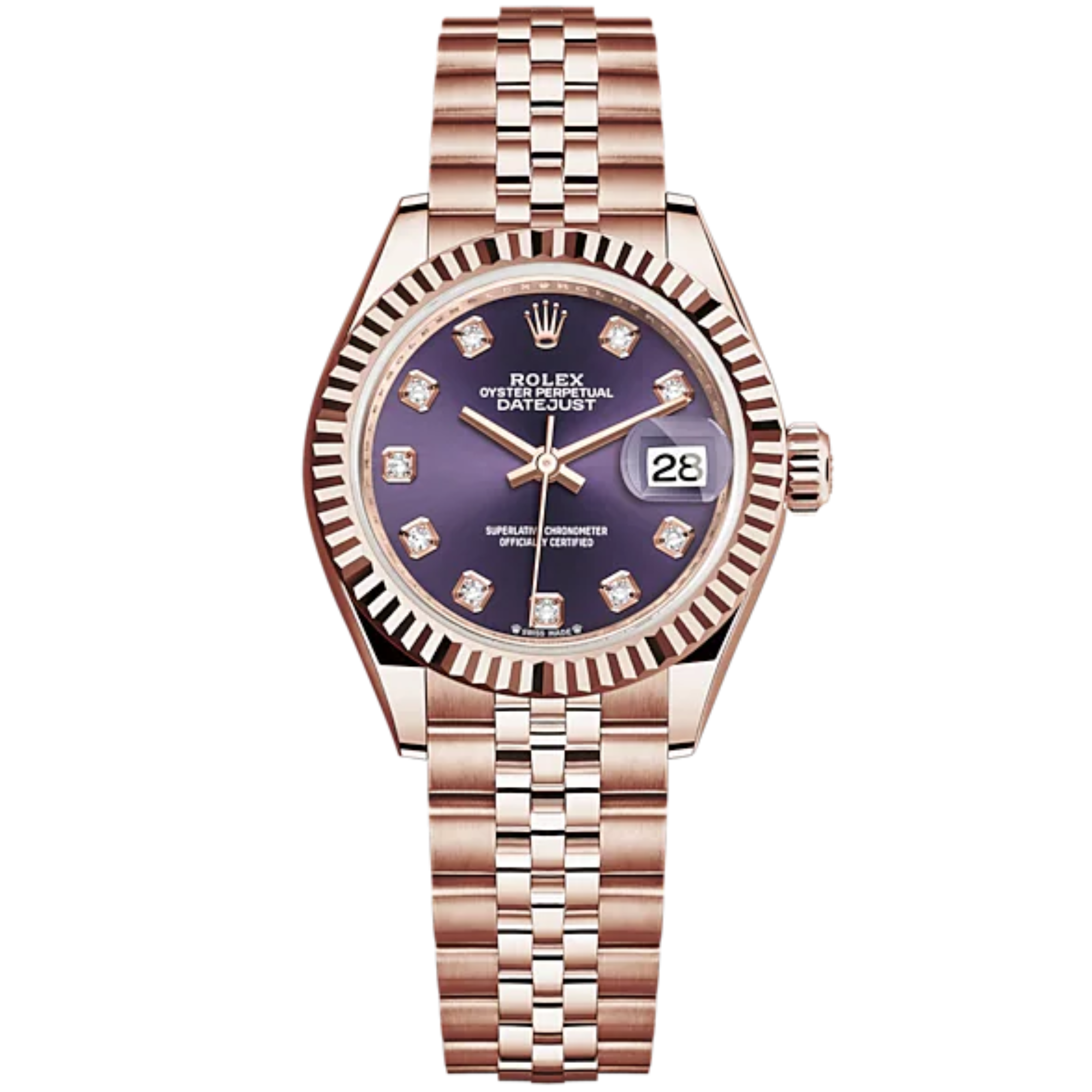 Lady-DateJust 28mm Jubilee Bracelet and 18 KT Everose Gold with Aubergine Dial Diamond-Set Dial Fluted Bezel - Rolex