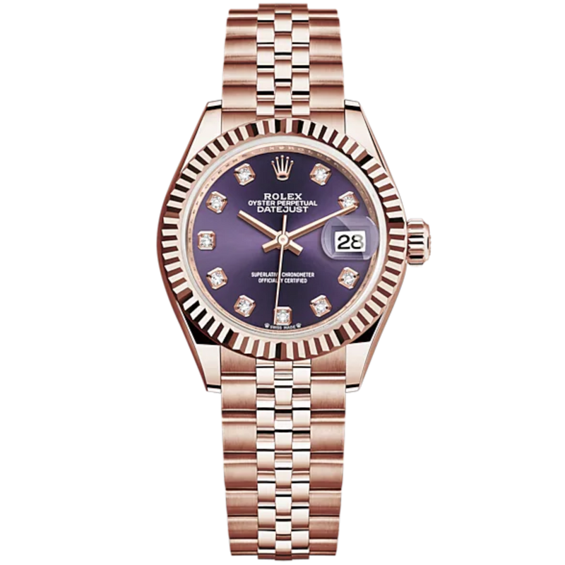 Lady-DateJust 28mm Jubilee Bracelet and 18 KT Everose Gold with Aubergine Dial Diamond-Set Dial Fluted Bezel - Rolex