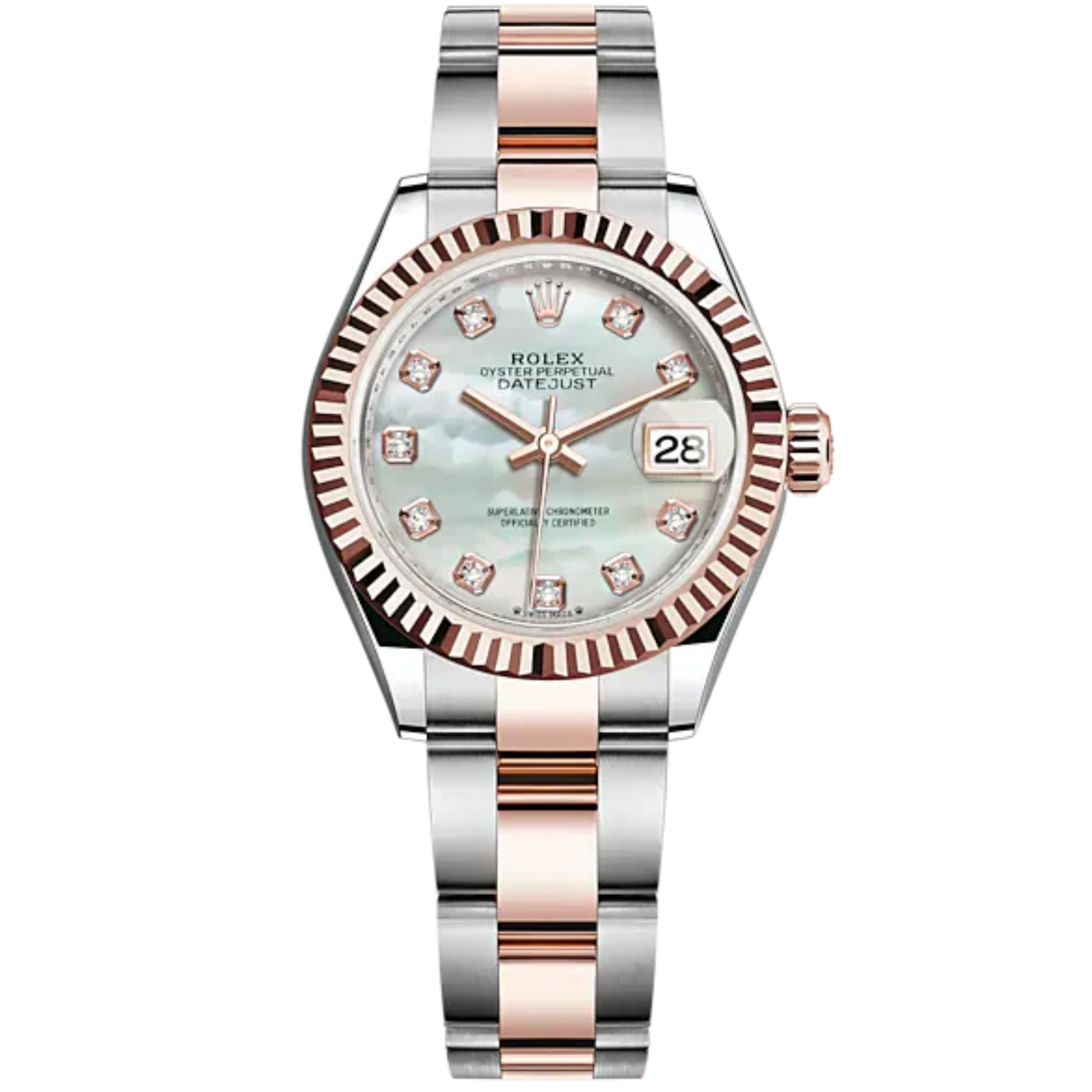Lady-DateJust 28mm Oyster Oystersteel Bracelet and Everose Gold with White Mother-of-Pearl Dial Diamond-Set Dial Fluted Bezel - Rolex