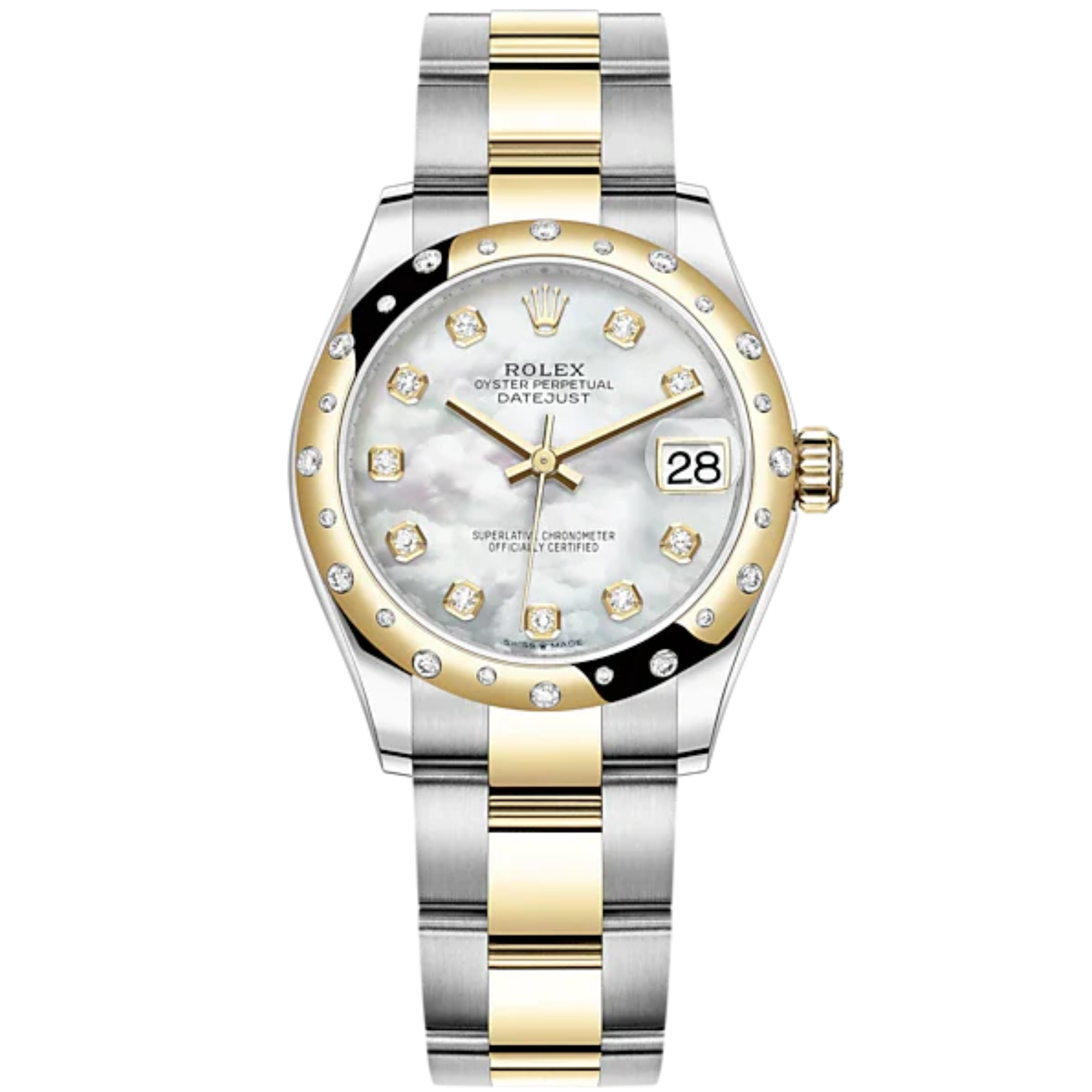 Datejust 31 31mm Oyster Bracelet Oystersteel and Yellow Gold with White Mother-Of-Pearl Diamond Set Dial Diamond-Set Bezel - Rolex
