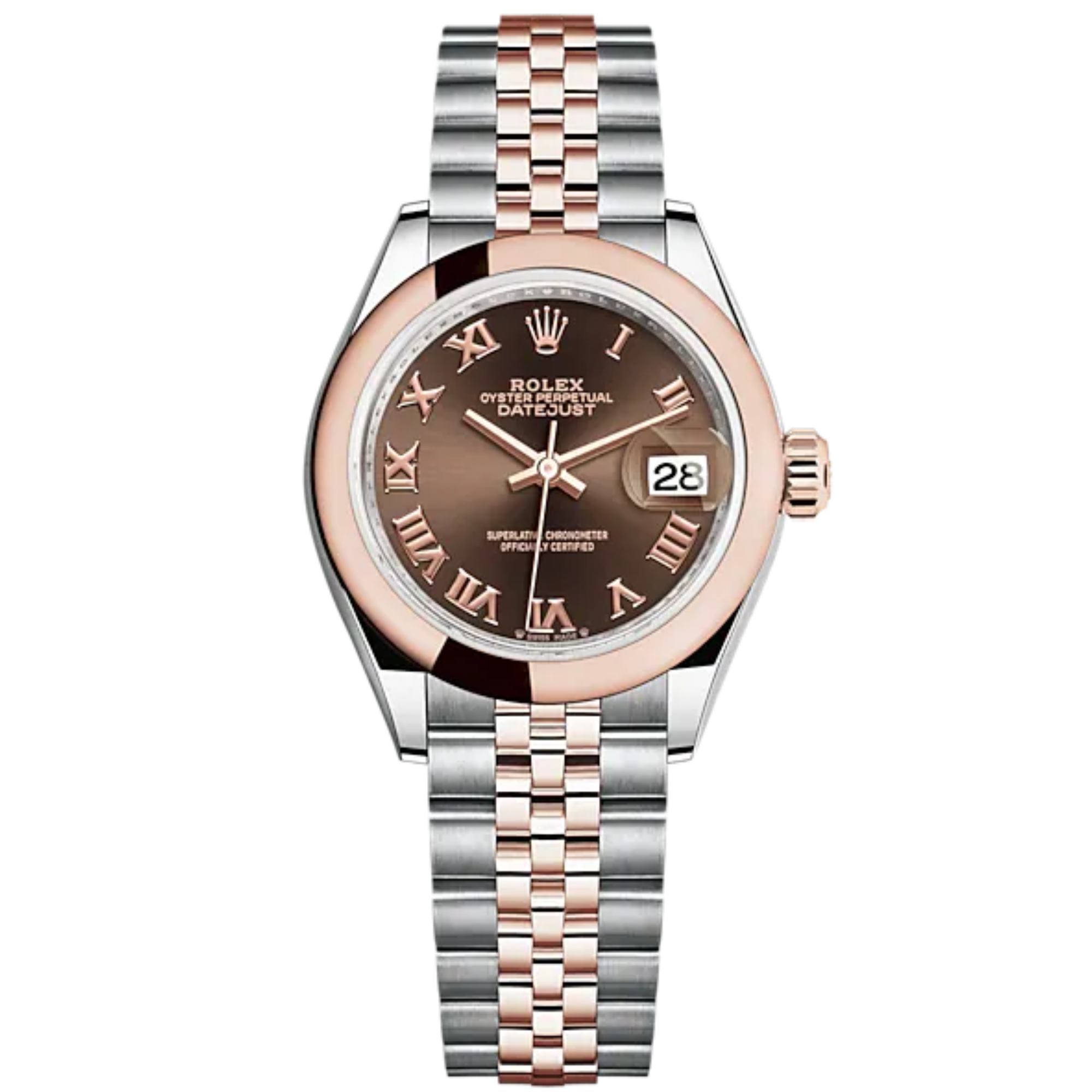 Lady-DateJust 28mm Oystersteel Jubilee Bracelet and Everose Gold with Chocolate Roman Dial Domed Bezel - Rolex