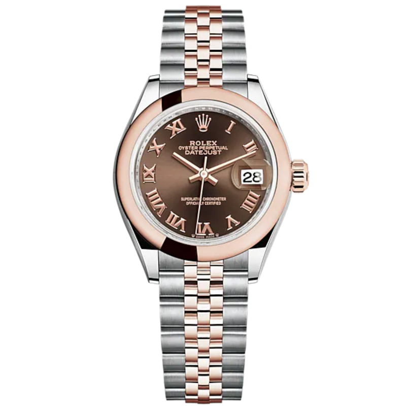 Lady-DateJust 28mm Oystersteel Jubilee Bracelet and Everose Gold with Chocolate Roman Dial Domed Bezel - Rolex