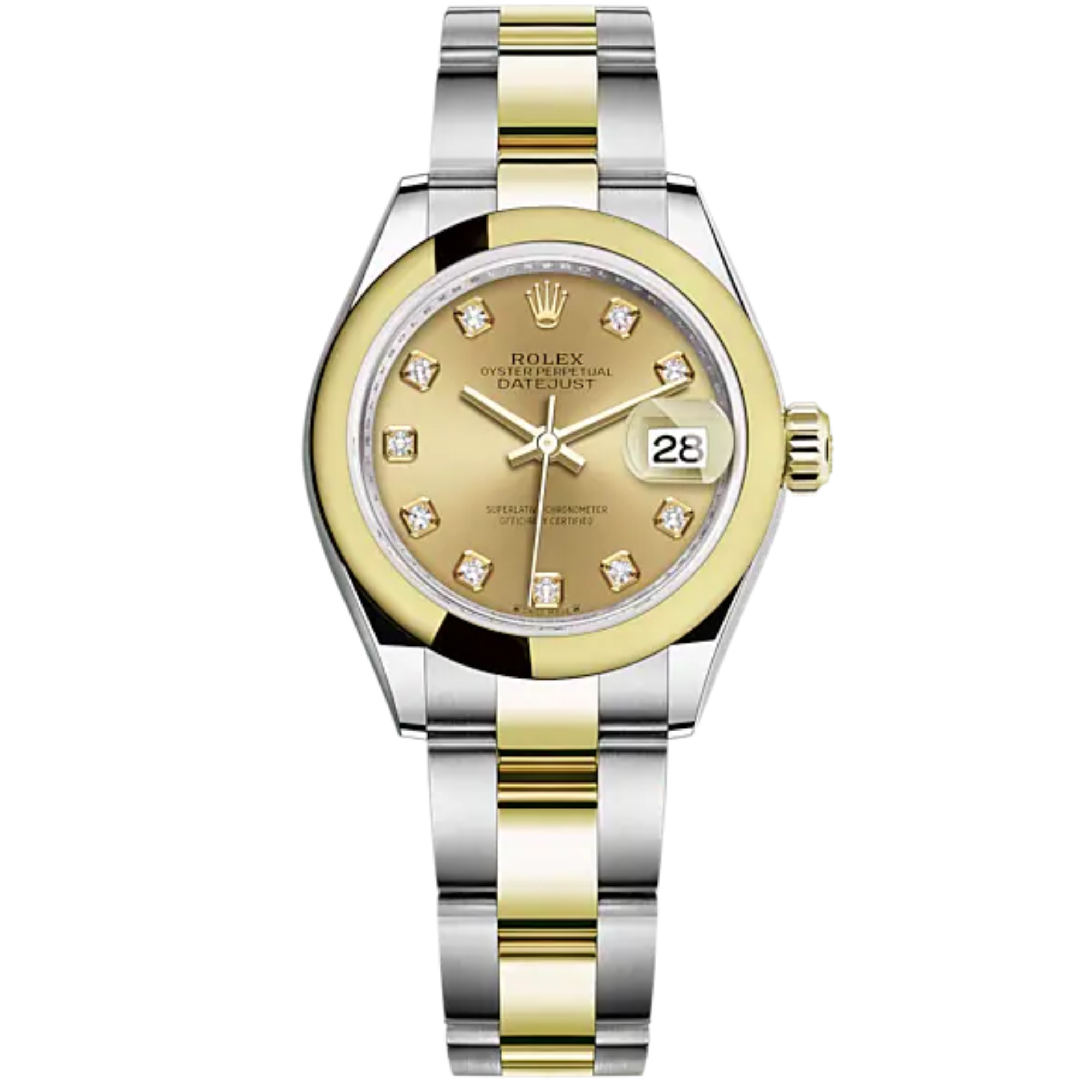Lady-DateJust 28mm Oyster Oystersteel Bracelet and Yellow Gold with Champagne-Colour Dial Diamond-Set Dial and Domed Bezel - Rolex