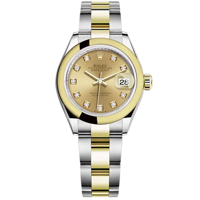 Lady-DateJust 28mm Oyster Oystersteel Bracelet and Yellow Gold with Champagne-Colour Dial Diamond-Set Dial and Domed Bezel - Rolex