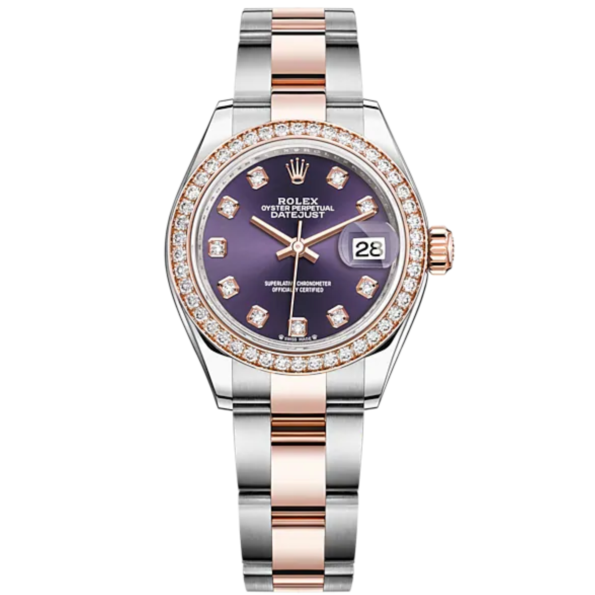 Lady-DateJust 28mm Oyster Oystersteel Bracelet and Everose Gold with Aubergine Dial Diamond-Set Dial and Diamond-Set Bezel - Rolex