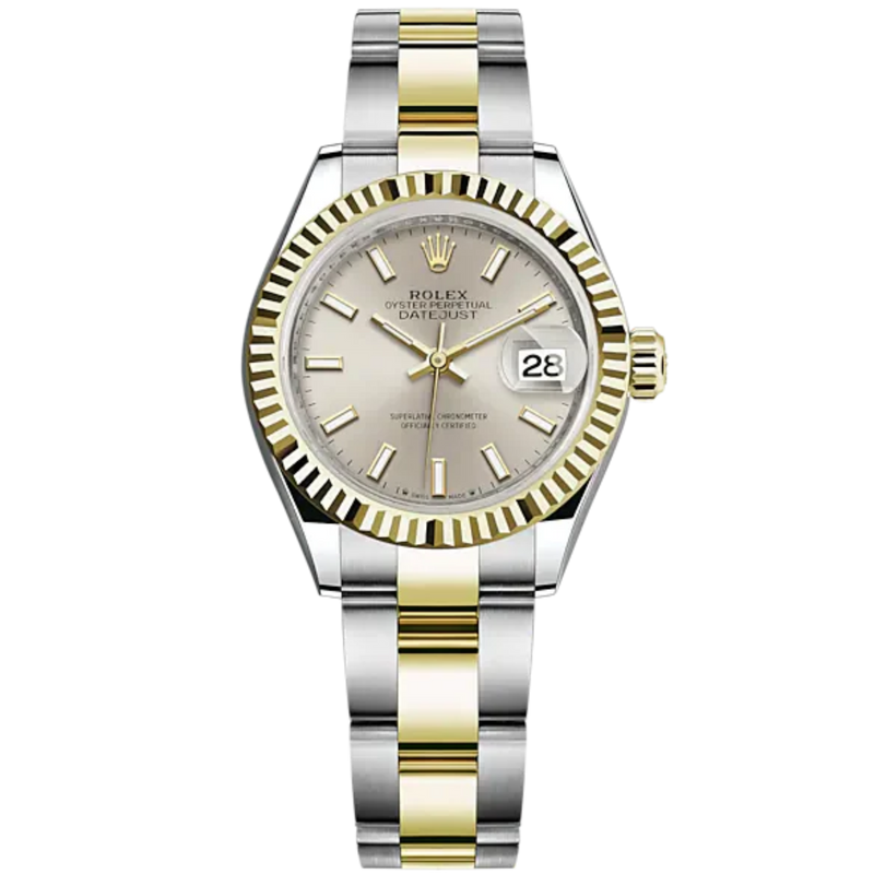 Lady-DateJust 28mm Oyster Oystersteel Bracelet and Yellow Gold with Silver Dial and Fluted Bezel - Rolex