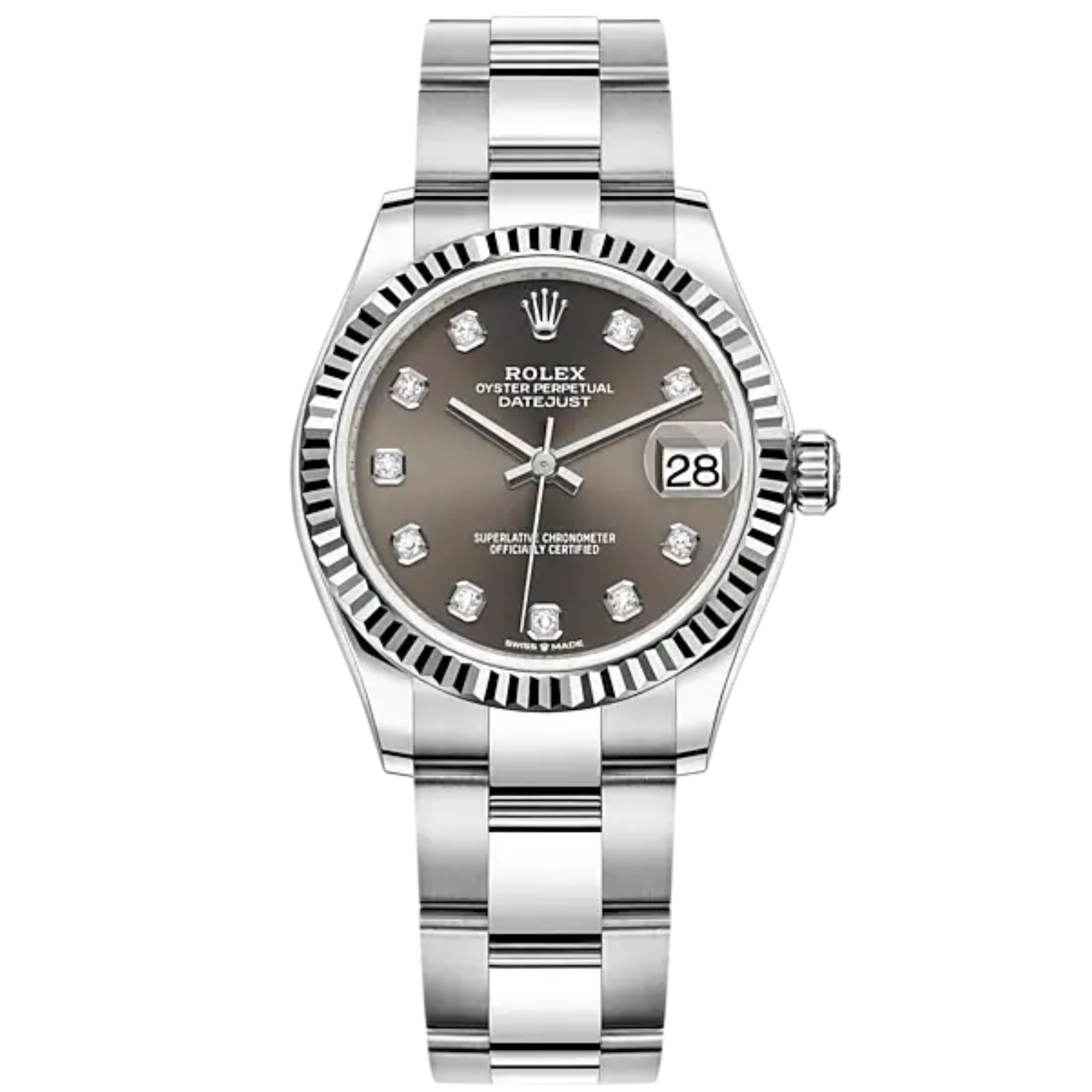 Datejust 31 31mm Oyster Bracelet Oystersteel and White Gold with Dark Grey Diamond-Set Dial Fluted Bezel - Rolex