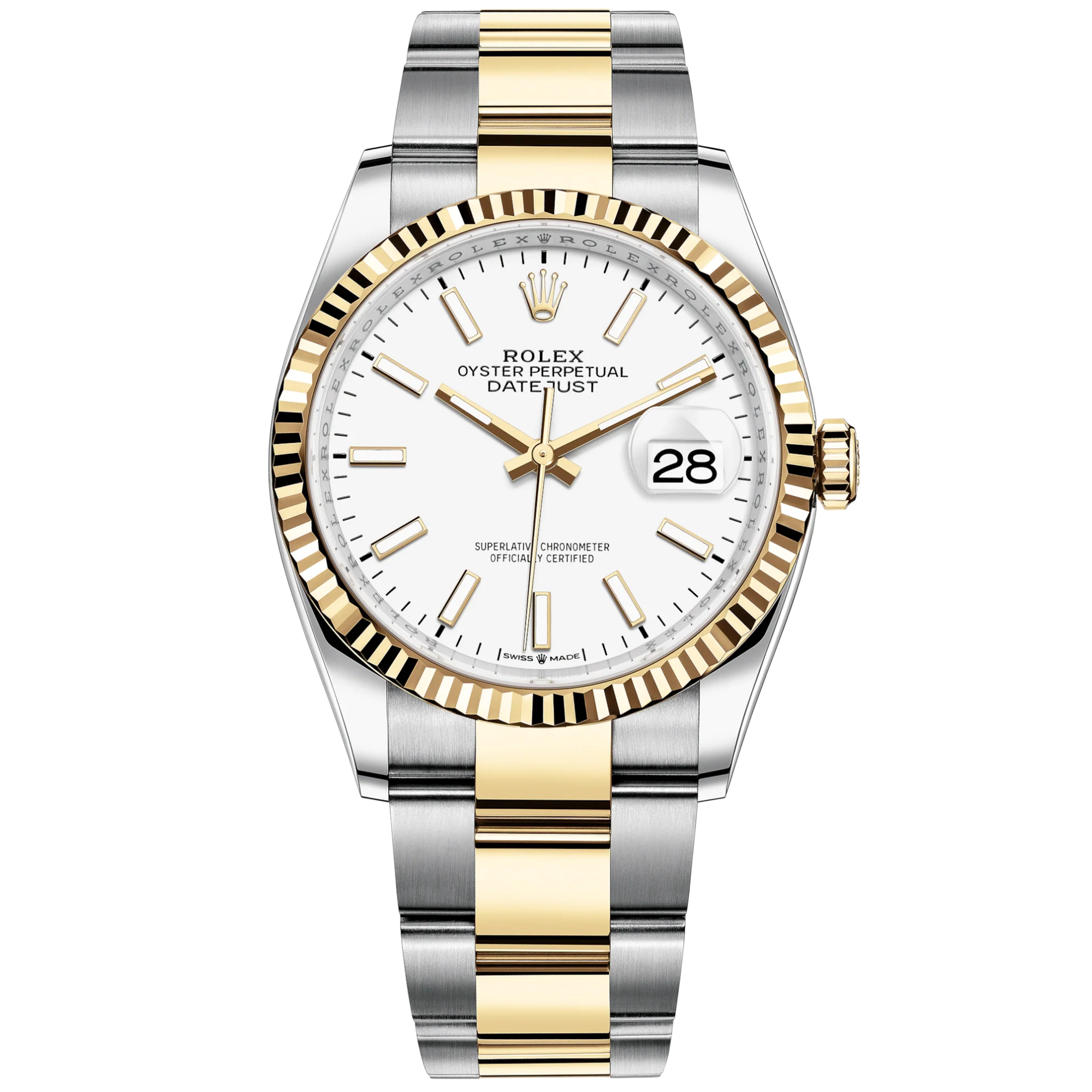 Datejust 36 36mm Oystersteel Bracelet and Yellow Gold with White Dial Fluted Fluted Bezel - Rolex