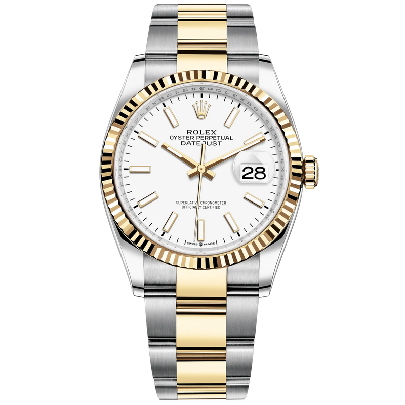 Datejust 36 36mm Oystersteel Bracelet and Yellow Gold with White Dial Fluted Fluted Bezel - Rolex