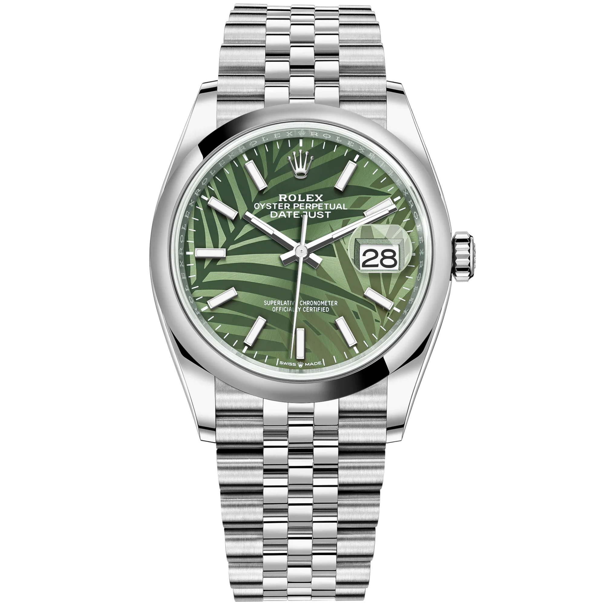 Datejust 36 36mm Oystersteel Jubilee Bracelet and Olive Green with Palm-Motif Dial Domed Bezel - Rolex