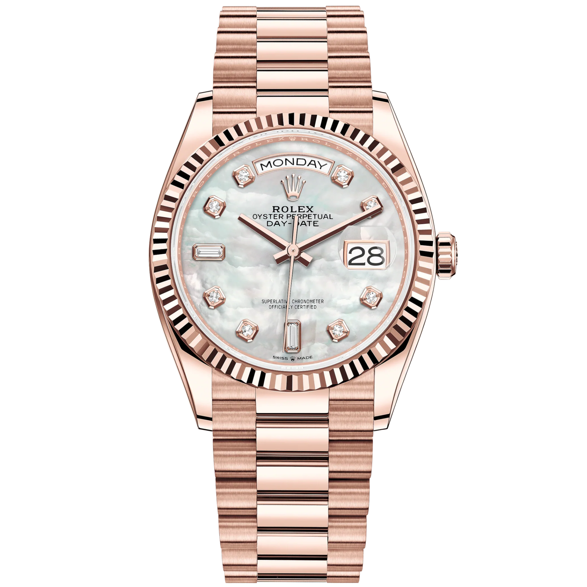 Day-Date 36 36mm President Bracelet and 18 KT Everose Gold with White Mother-of-Pearl Dial Diamond-Set Dial Fluted Bezel - Rolex