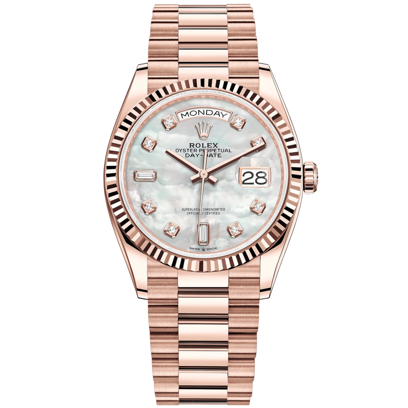 Day-Date 36 36mm President Bracelet and 18 KT Everose Gold with White Mother-of-Pearl Dial Diamond-Set Dial Fluted Bezel - Rolex