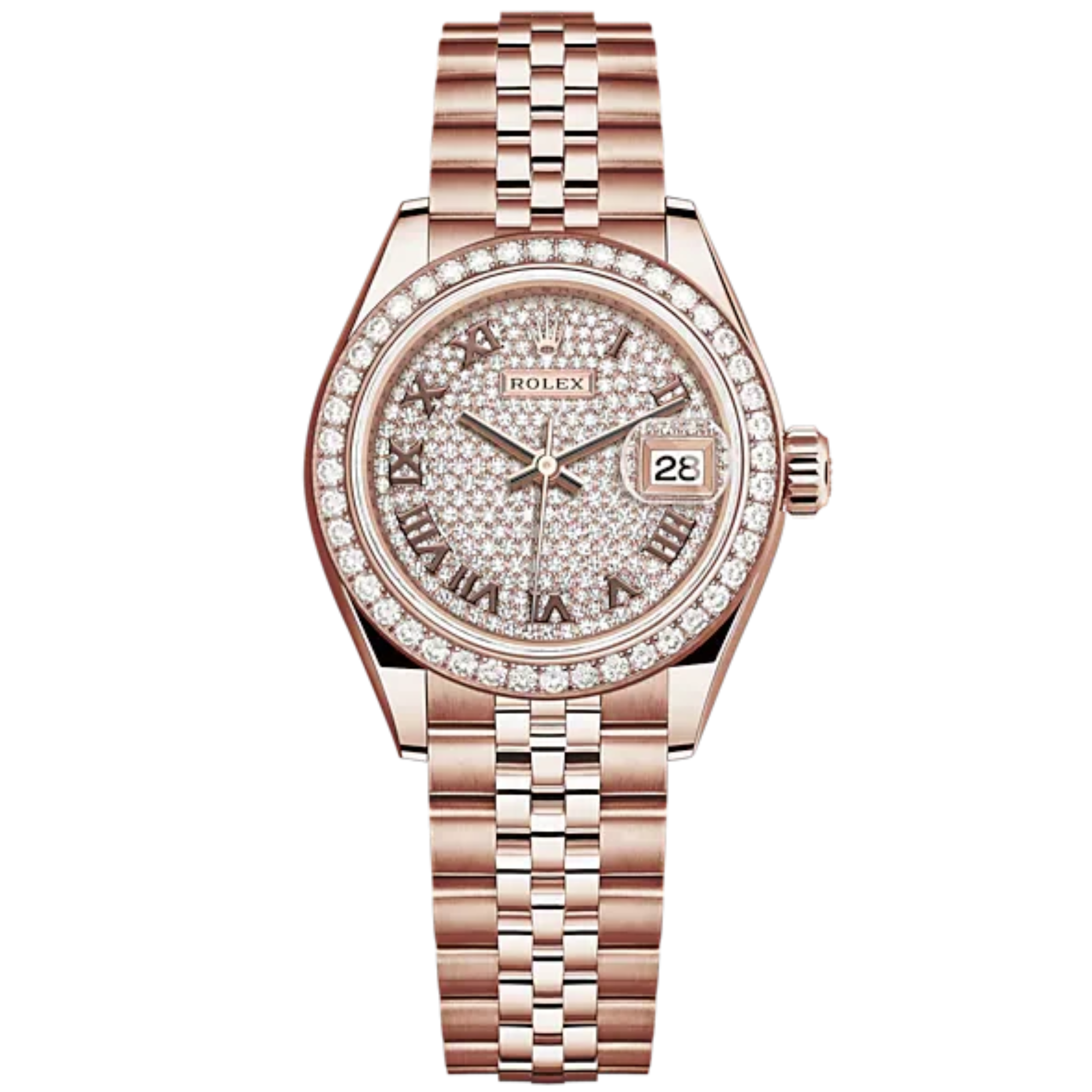 Lady-DateJust 28mm Jubilee Bracelet and 18 KT Everose Gold with Diamond-Paved Dial and Diamond-Set Bezel - Rolex