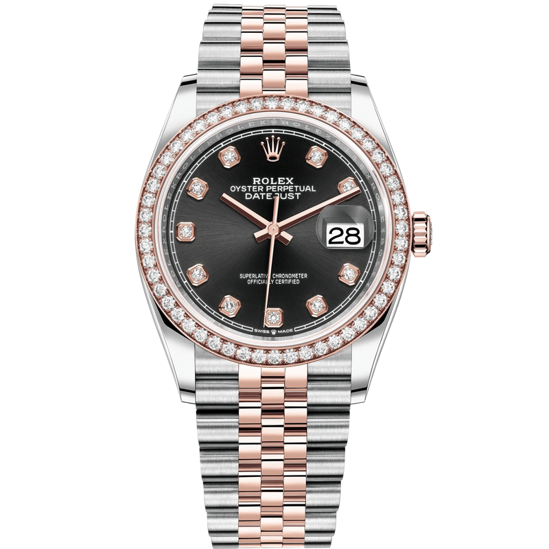 Datejust 36 36mm  Oyster Oystersteel Jubilee Bracelet and Everose Gold with Bright Black Diamond-Set Dial Diamond-Set Bezel - Rolex