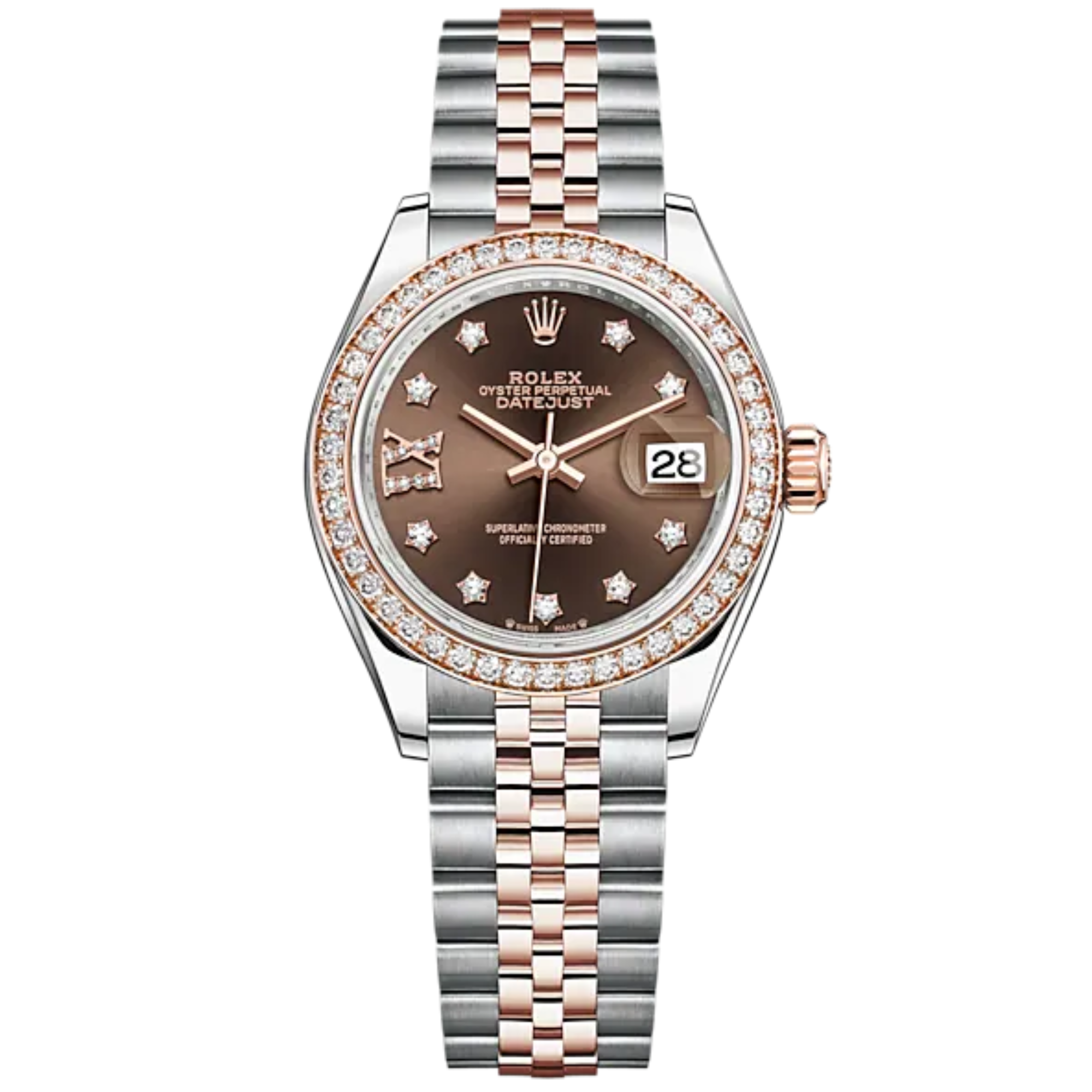 Lady-DateJust 28mm Oystersteel Jubilee Bracelet and Everose Gold with Chocolate Diamond-Set Dial and Diamond-Set Bezel - Rolex
