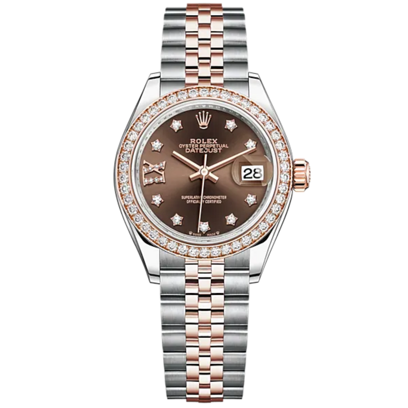 Lady-DateJust 28mm Oystersteel Jubilee Bracelet and Everose Gold with Chocolate Diamond-Set Dial and Diamond-Set Bezel - Rolex