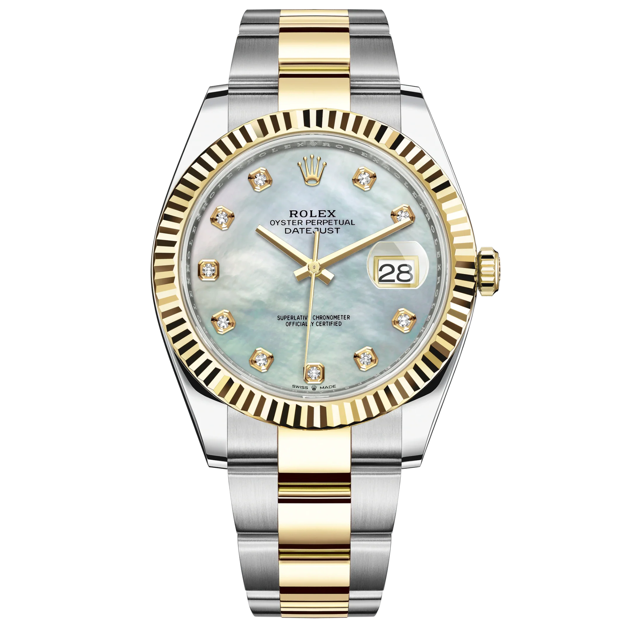 Datejust 41 41mm Oyster Bracelet Oystersteel and Yellow Gold with White Mother-Of-Pearl Diamond-Set Dial Fluted Bezel - Rolex