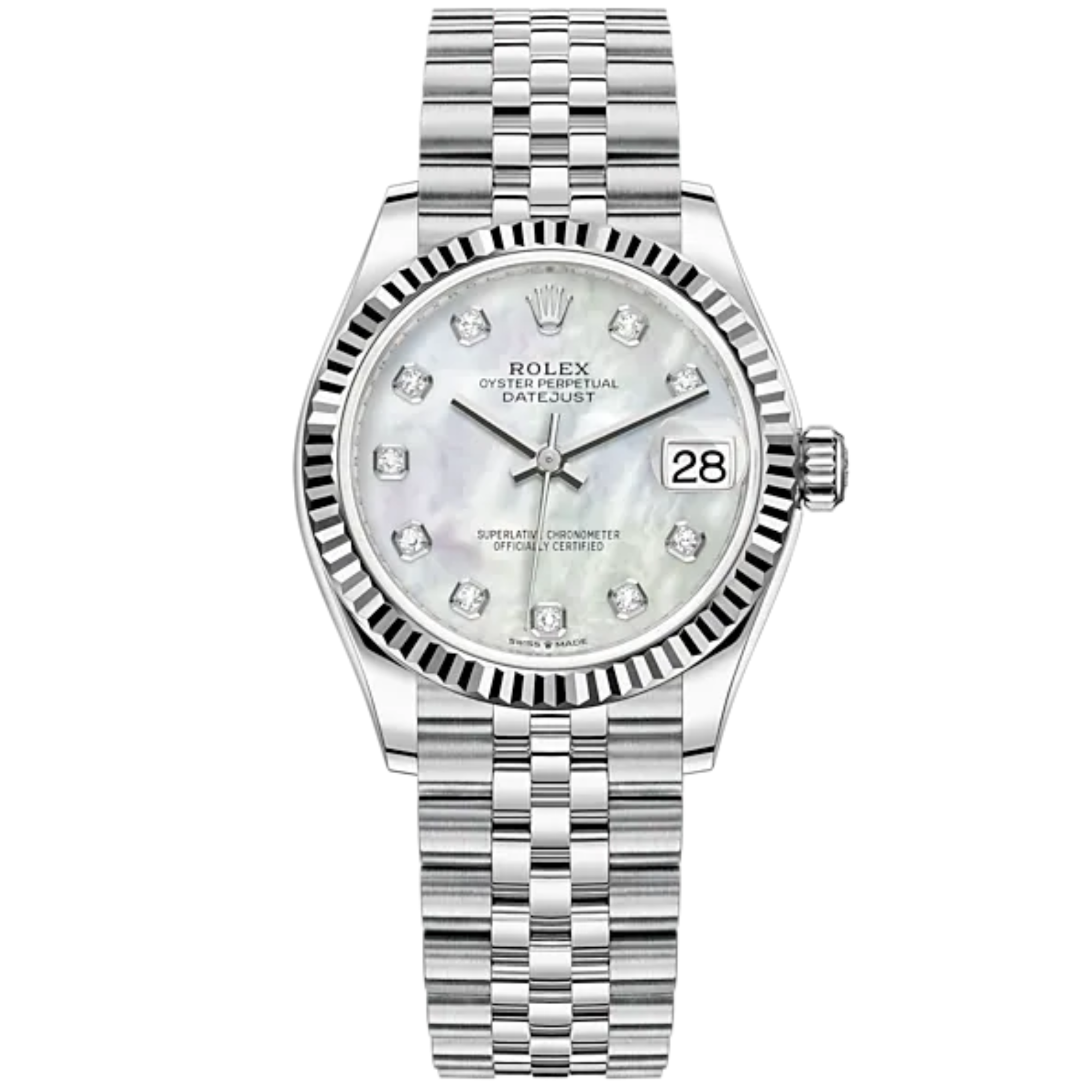 Datejust 31 31mm Jubilee Bracelet Oystersteel and White Gold with White Mother-Of-Pearl Diamond-Set Fluted Bezel - Rolex