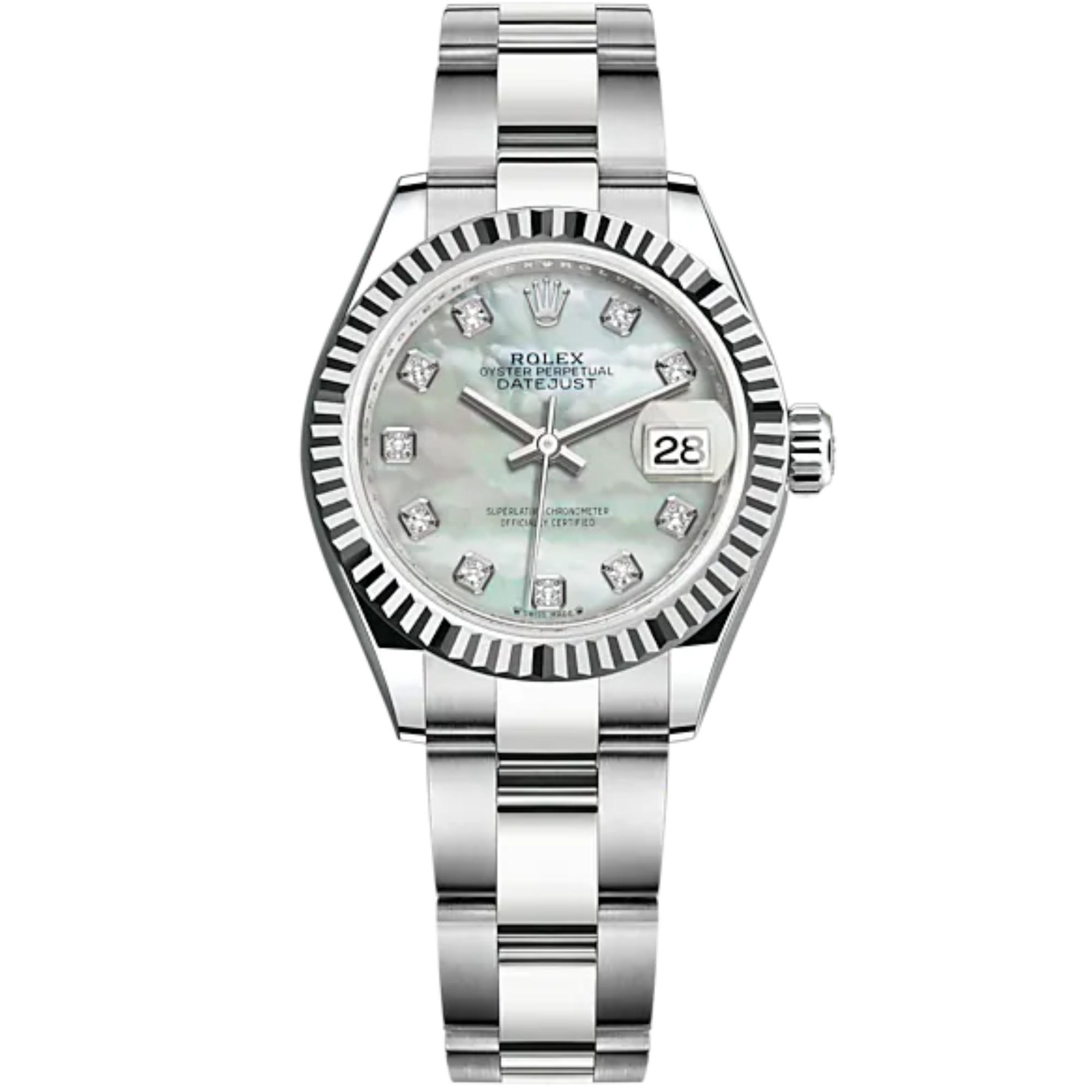 Lady-DateJust 28mm Oyster Oystersteel Bracelet and White Gold with White Mother-of-Pearl Dial Diamond-Set Dial and Fluted Bezel - Rolex