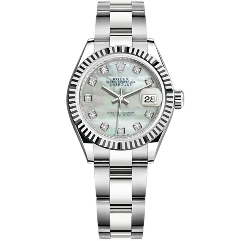 Lady-DateJust 28mm Oyster Oystersteel Bracelet and White Gold with White Mother-of-Pearl Dial Diamond-Set Dial and Fluted Bezel - Rolex