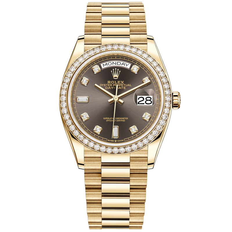 Day-Date 36 36mm President Bracelet and 18 KT Yellow Gold with Dark Grey Diamond-Set Dial Diamond-Set Bezel - Rolex