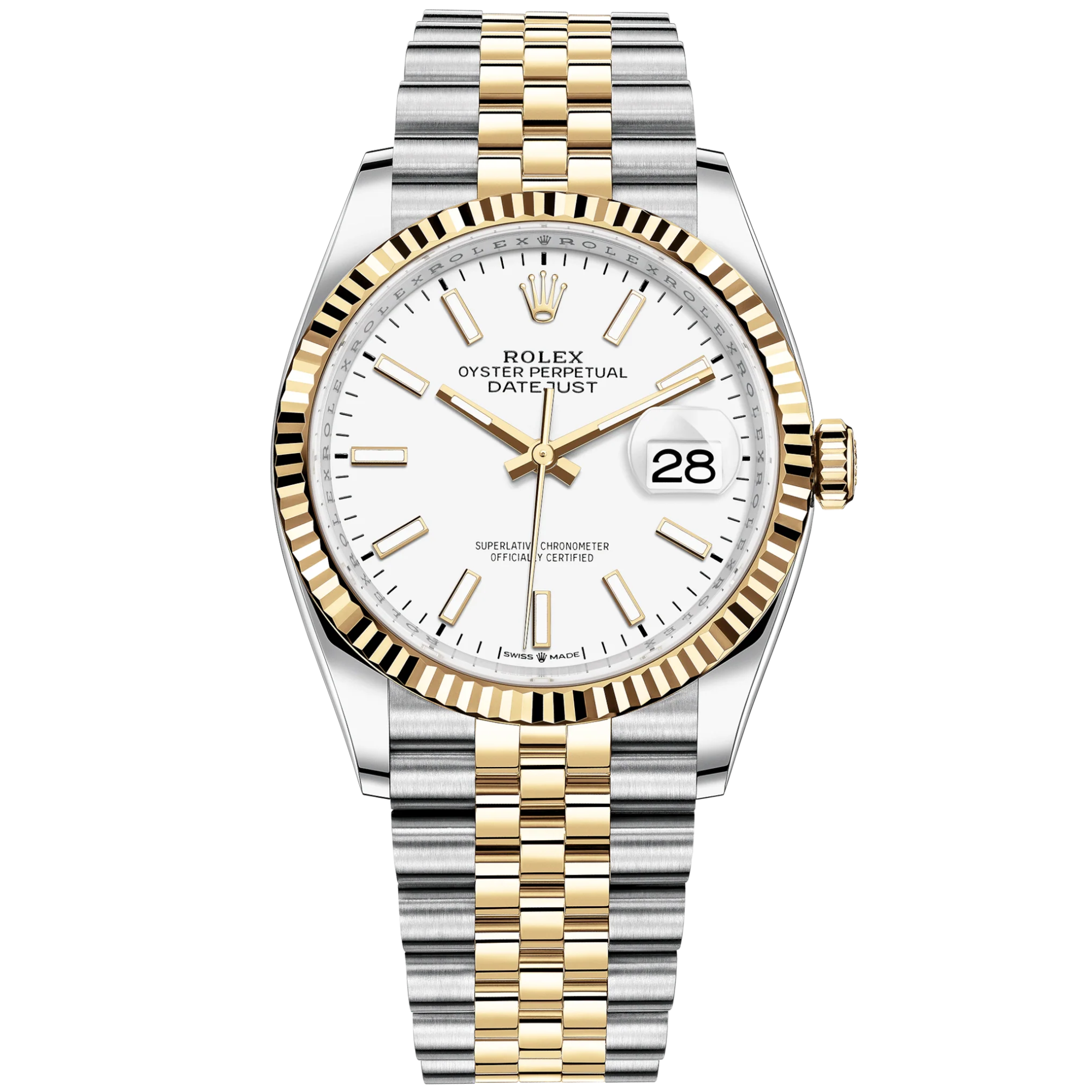 Datejust 36 36mm Oystersteel Jubilee Bracelet and Yellow Gold with White Dial Fluted Motif Fluted Bezel - Rolex