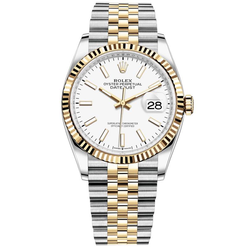 Datejust 36 36mm Oystersteel Jubilee Bracelet and Yellow Gold with White Dial Fluted Motif Fluted Bezel - Rolex
