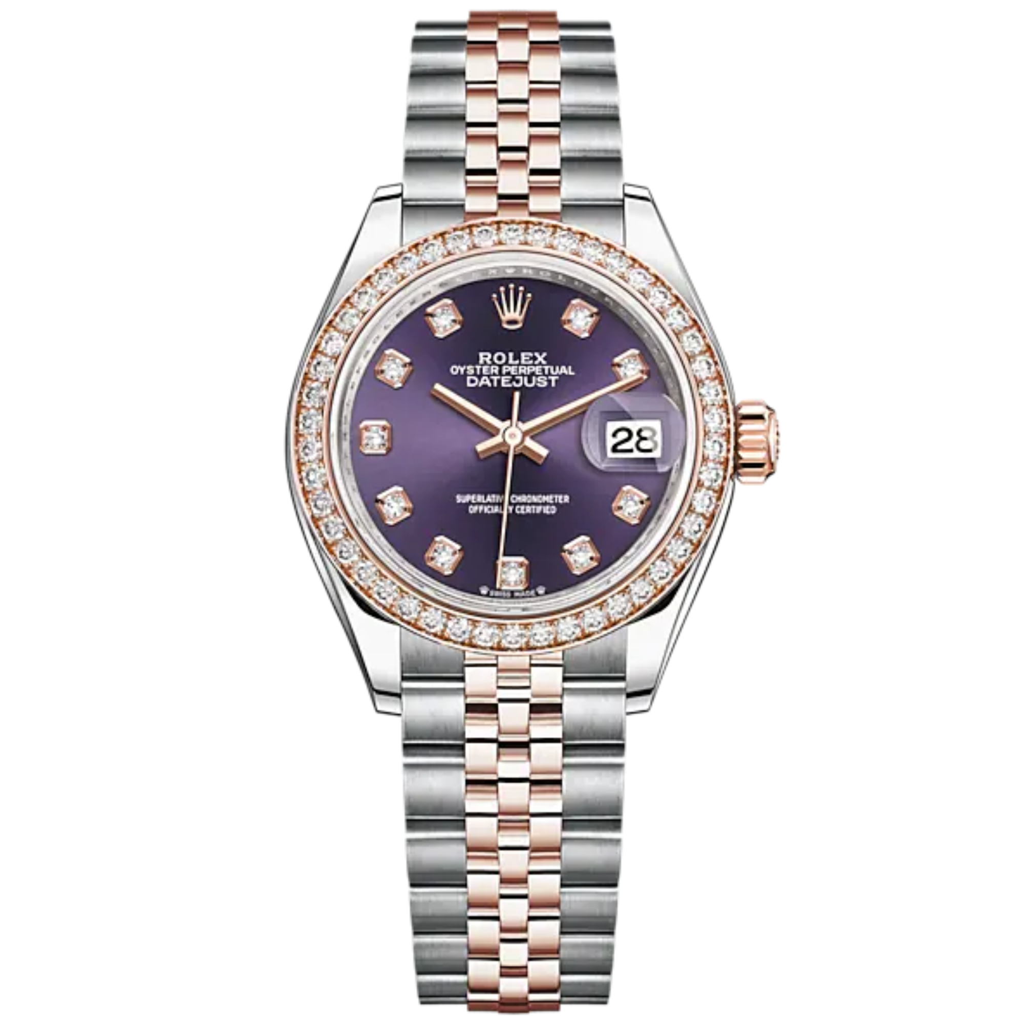 Lady-DateJust 28mm Oystersteel Jubilee Bracelet and Everose Gold with Aubergine Dial Diamond-Set Dial and Diamond-Set Bezel - Rolex