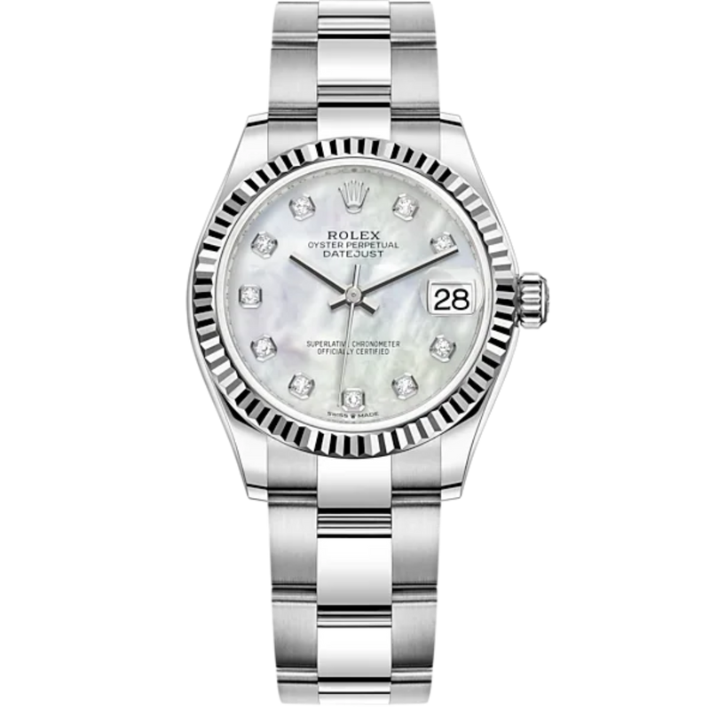 Datejust 31 31mm Oyster Bracelet Oystersteel and White Gold with White Mother-Of-Pearl Diamond Set Dial Fluted Bezel - Rolex